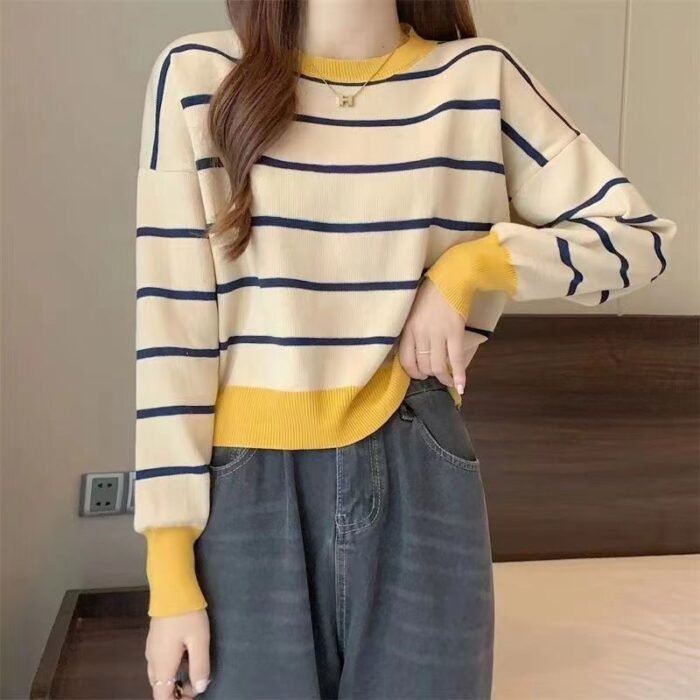 Round Neck Striped Pullover Short Long Sleeve Slim Fit - Image 3