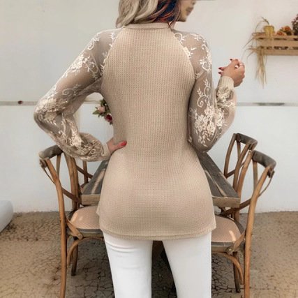 cfb98b32-b251-46a8-82b7-19b080338a5e.jpg Women's V-neck Long Sleeve Stitching Lace Fashion Tops - Image 3