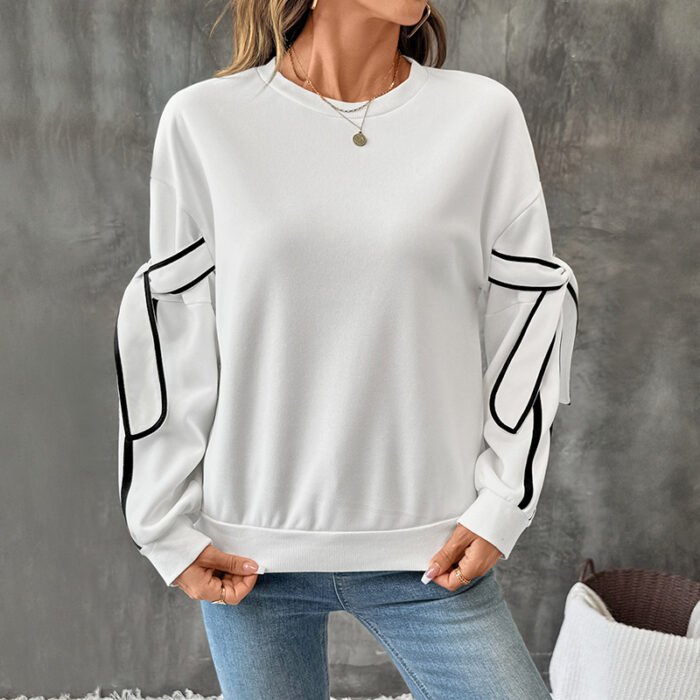 Bow Round Neck Long Sleeve Pullover Hoodie Women - Image 1