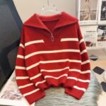 Loose Fashion Zipper Striped Sweater - Image 2
