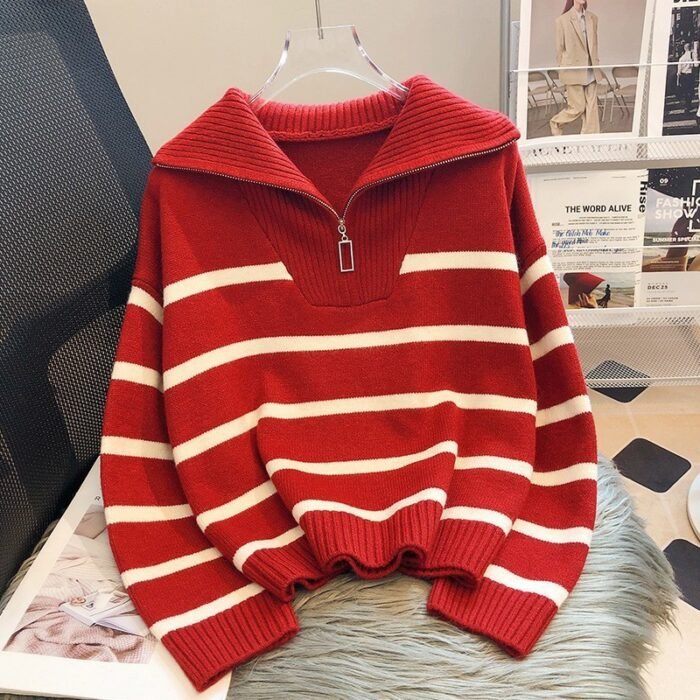 Loose Fashion Zipper Striped Sweater - Image 2