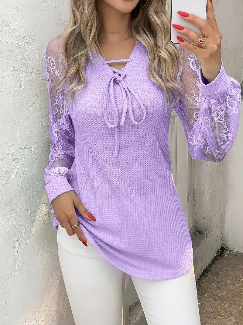 dc6e73d7-c5eb-4b26-ac85-0d5116f98b44.jpg Women's V-neck Long Sleeve Stitching Lace Fashion Tops - Image 6