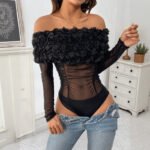 Off-the-shoulder Three-dimensional Flower Pure Color Tight Jumpsuit - Image 2