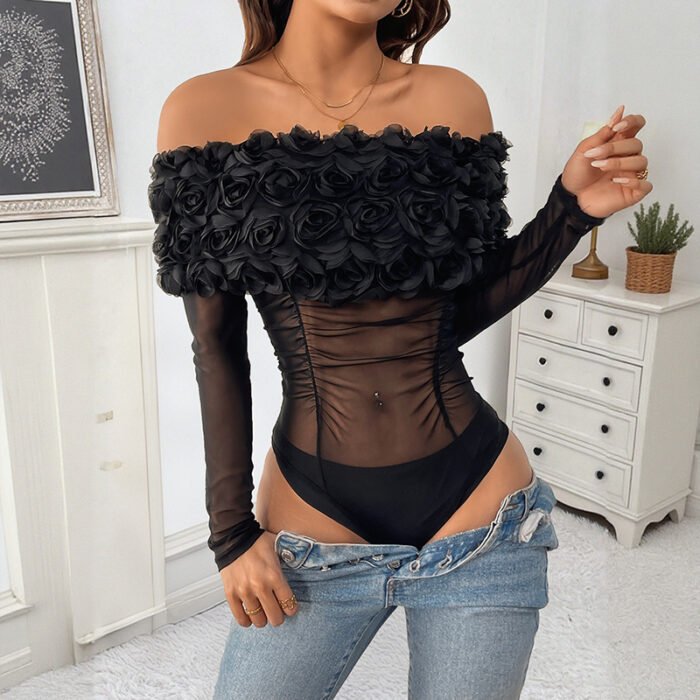 Off-the-shoulder Three-dimensional Flower Pure Color Tight Jumpsuit - Image 2