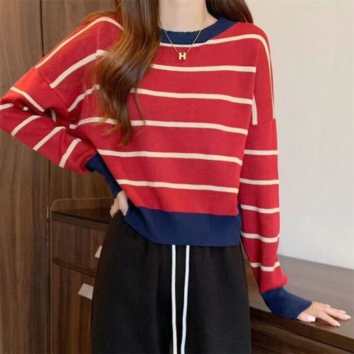 Round Neck Striped Pullover Short Long Sleeve Slim Fit - Image 1