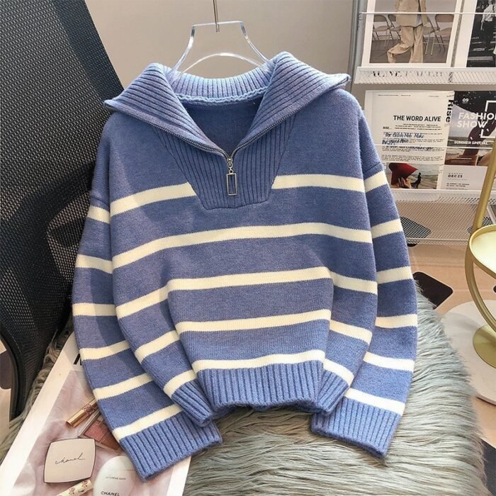 Loose Fashion Zipper Striped Sweater - Image 4