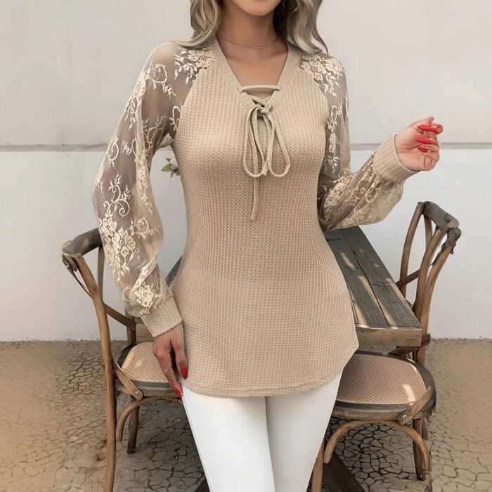 Women's V-neck Long Sleeve Stitching Lace Fashion Tops - Image 1