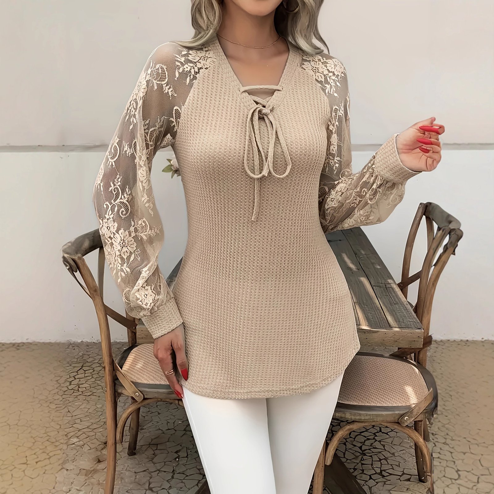 f971210a-b8e8-4eae-94cb-ee3b61f04799.jpg Women's V-neck Long Sleeve Stitching Lace Fashion Tops - Image 1