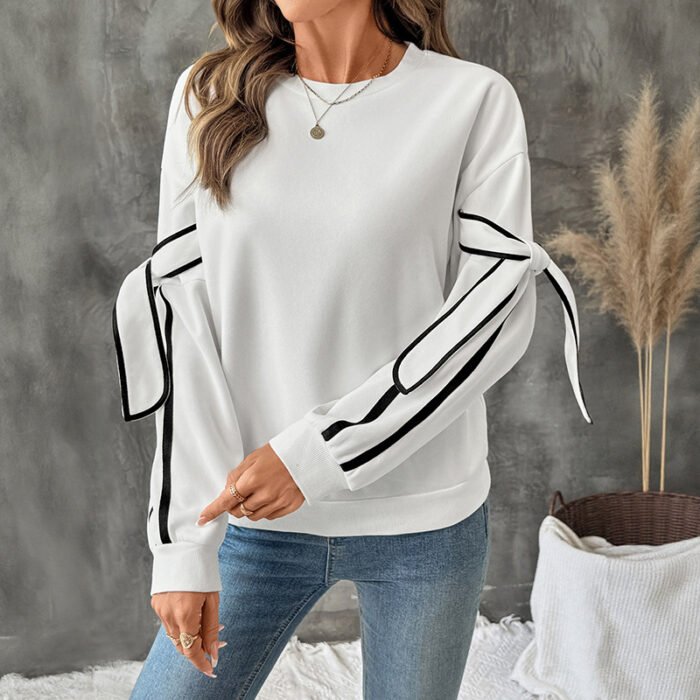 Bow Round Neck Long Sleeve Pullover Hoodie Women - Image 4