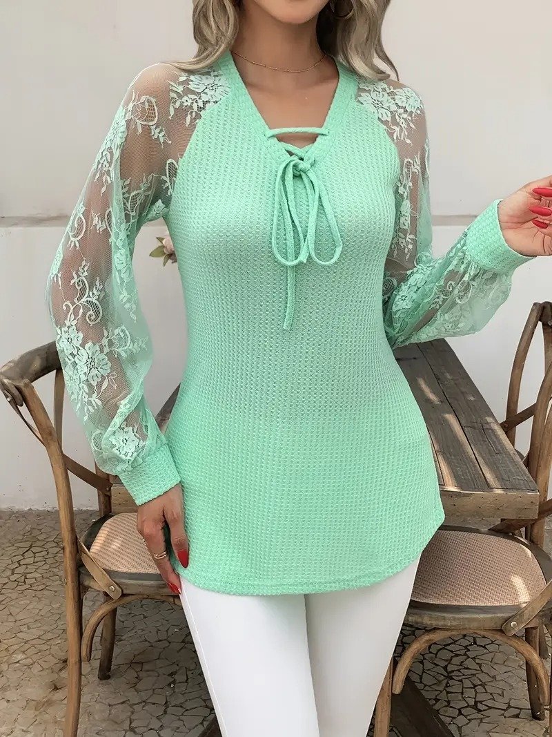 fde468e9-88ec-44ac-adfa-60bf27a23654.jpg Women's V-neck Long Sleeve Stitching Lace Fashion Tops - Image 7