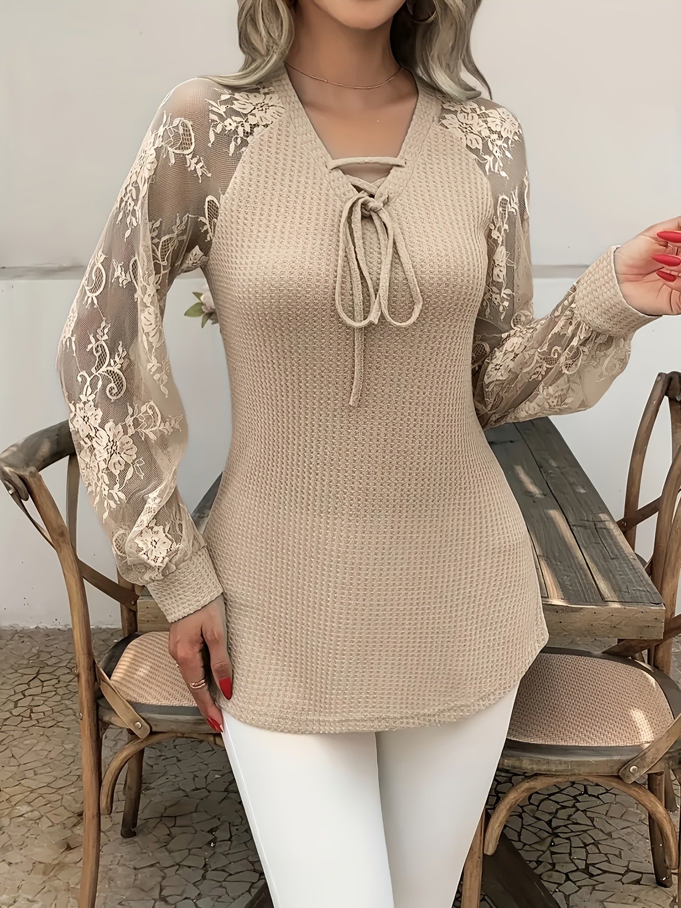 ff5b9f60-c7f3-460d-9fd0-1d5973340a1d.jpg Women's V-neck Long Sleeve Stitching Lace Fashion Tops - Image 4