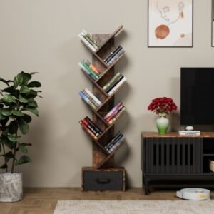 9 Tier Tree Bookshelf With Drawer Bookcase, Modern Book Storage, Free Standing Tree Bookcase, Utility Organizer Shelves For Home Office, Living Room, Bedroom, Rustic Brown